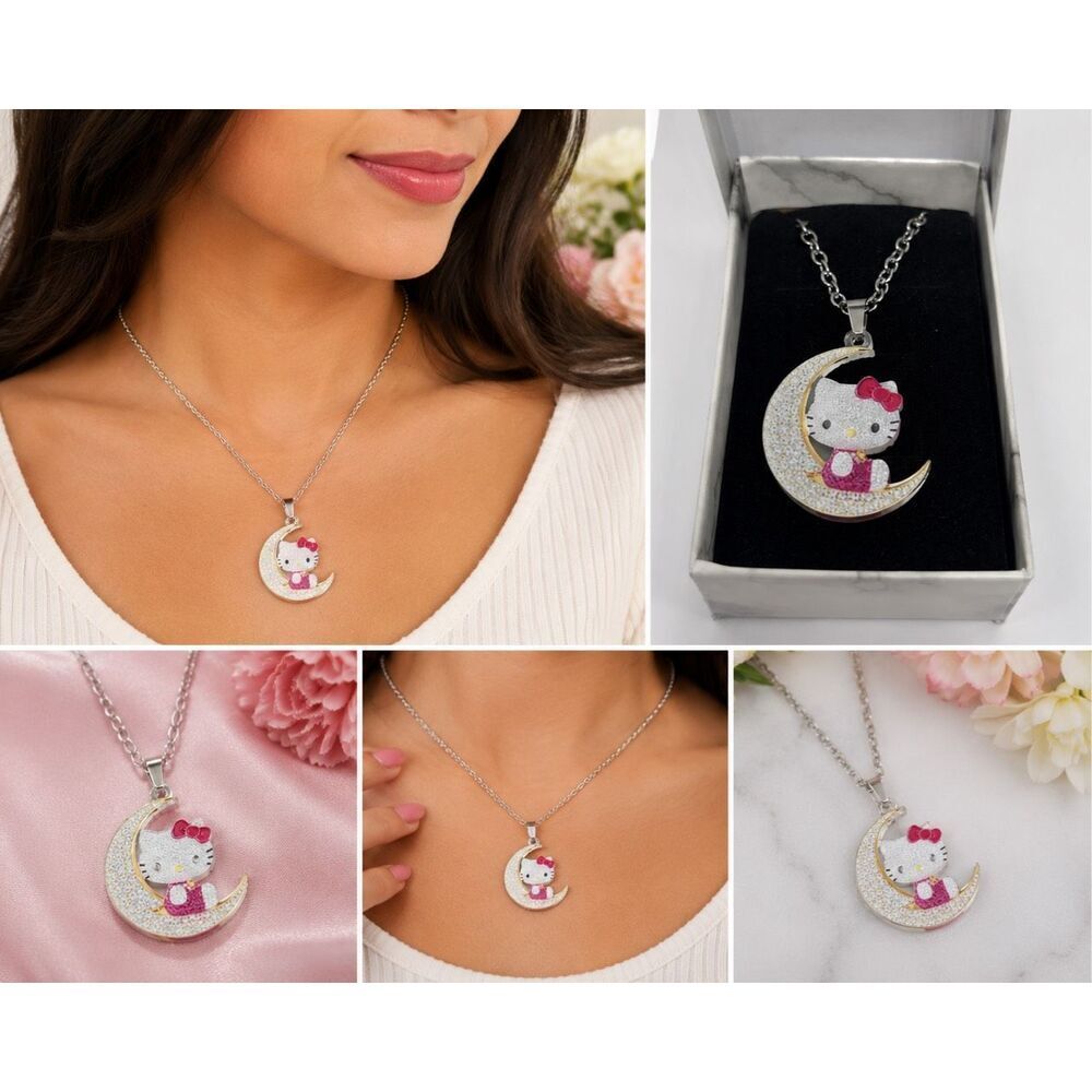 Hello Kitty Moon Necklace Silver Tone Pendant – New